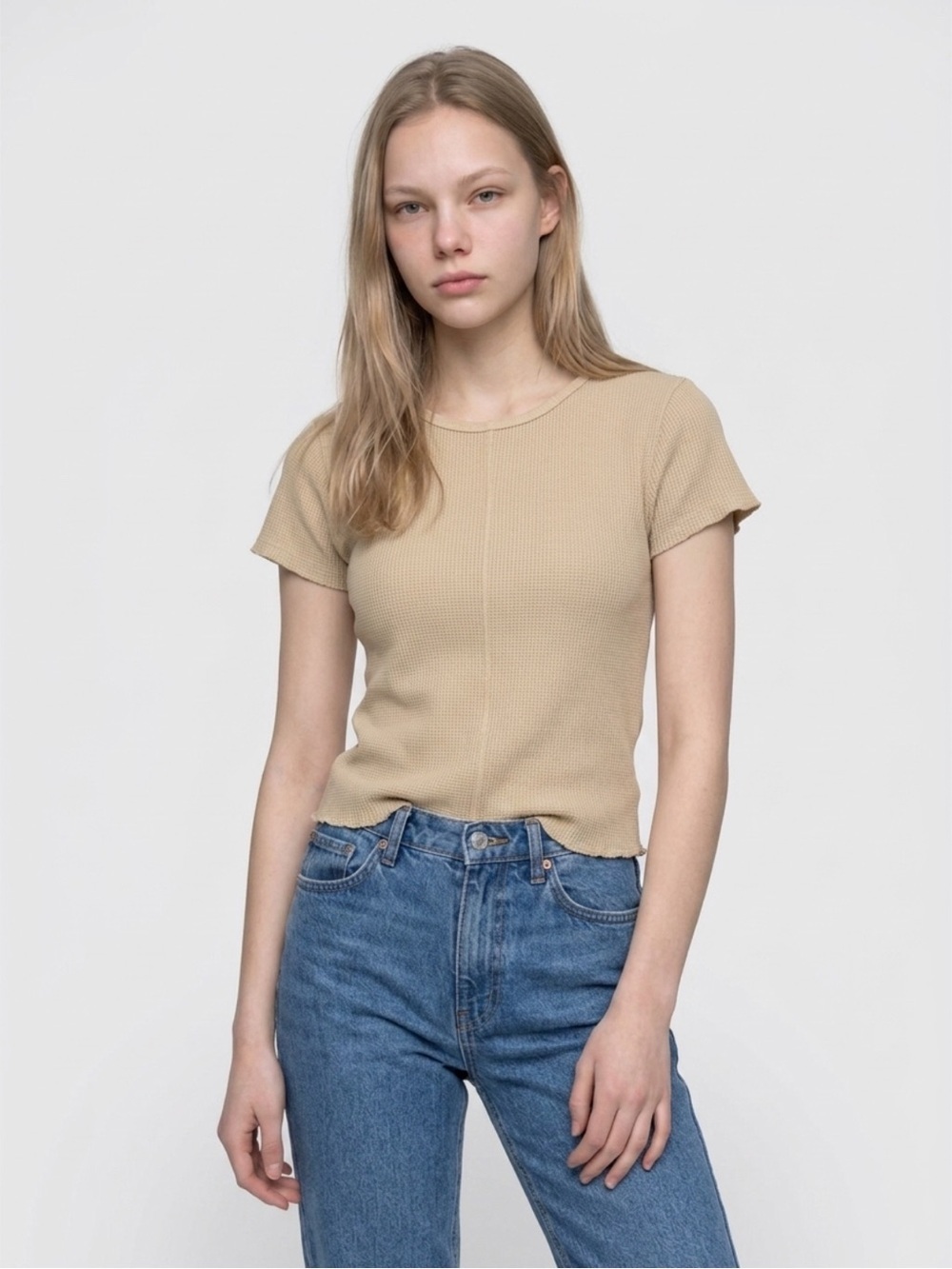 Madewell Women's Waffle Knit Crew Neck Tee Tan Sz XS